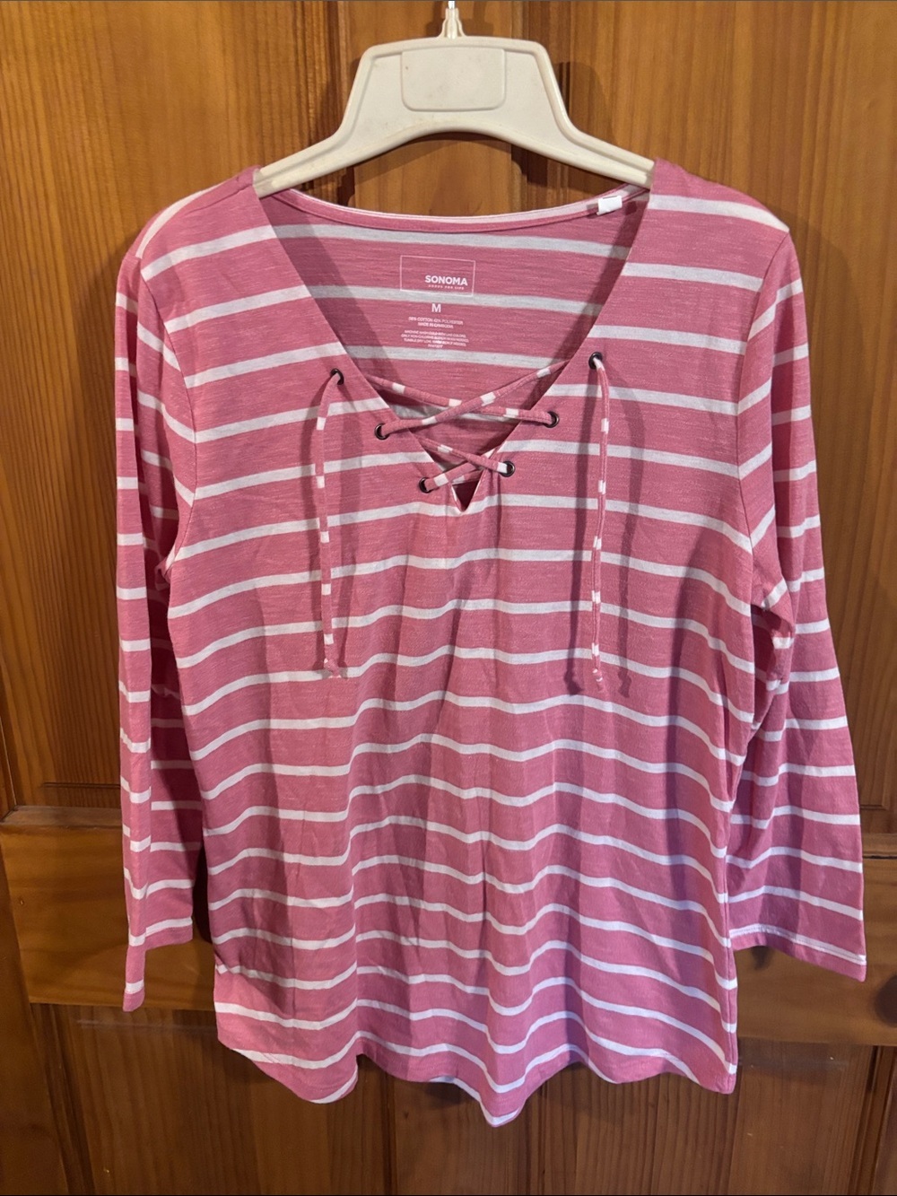 Sonoma Rose and White Striped Lace-Up Long Sleeve Top